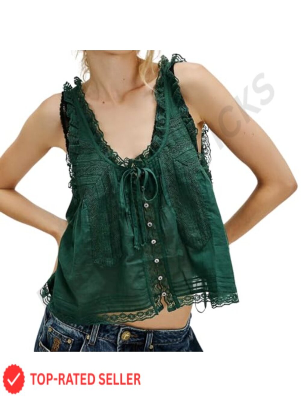 Sleeveless Ruffled Lace Trim Chiffon Crop Top Scoop Neck Button Down Front Tie